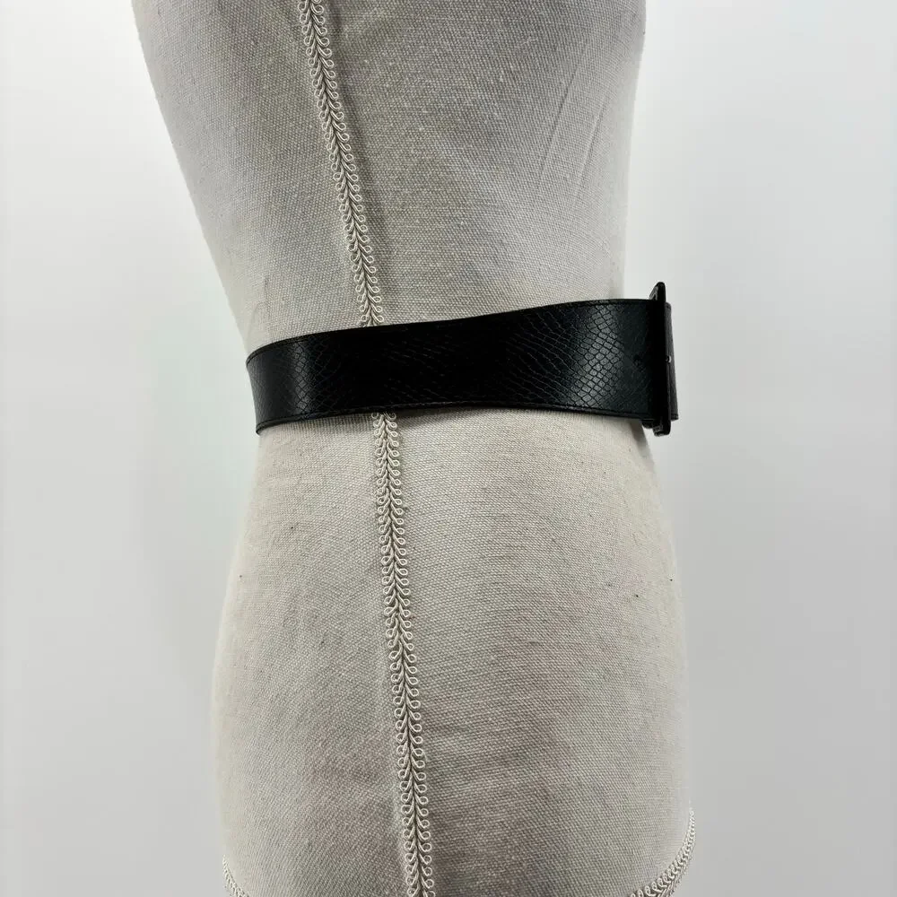 Vintage Women's Small Belt Black Faux Leather Snakeskin Texture Statement Buckle